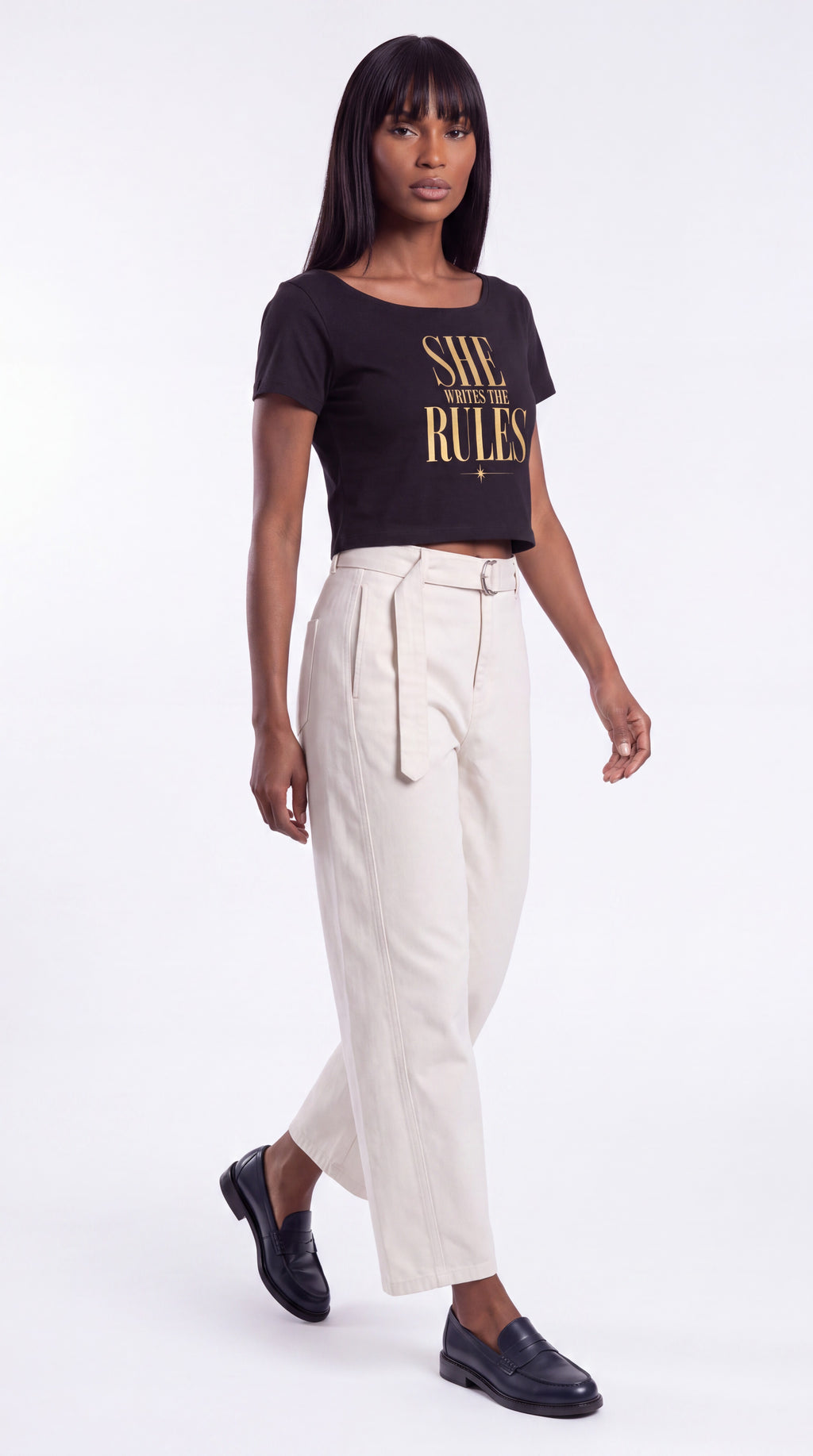 Off-Shoulder Rolled Hem 100% Cotton Crop Tee | SHE WRITES THE RULES