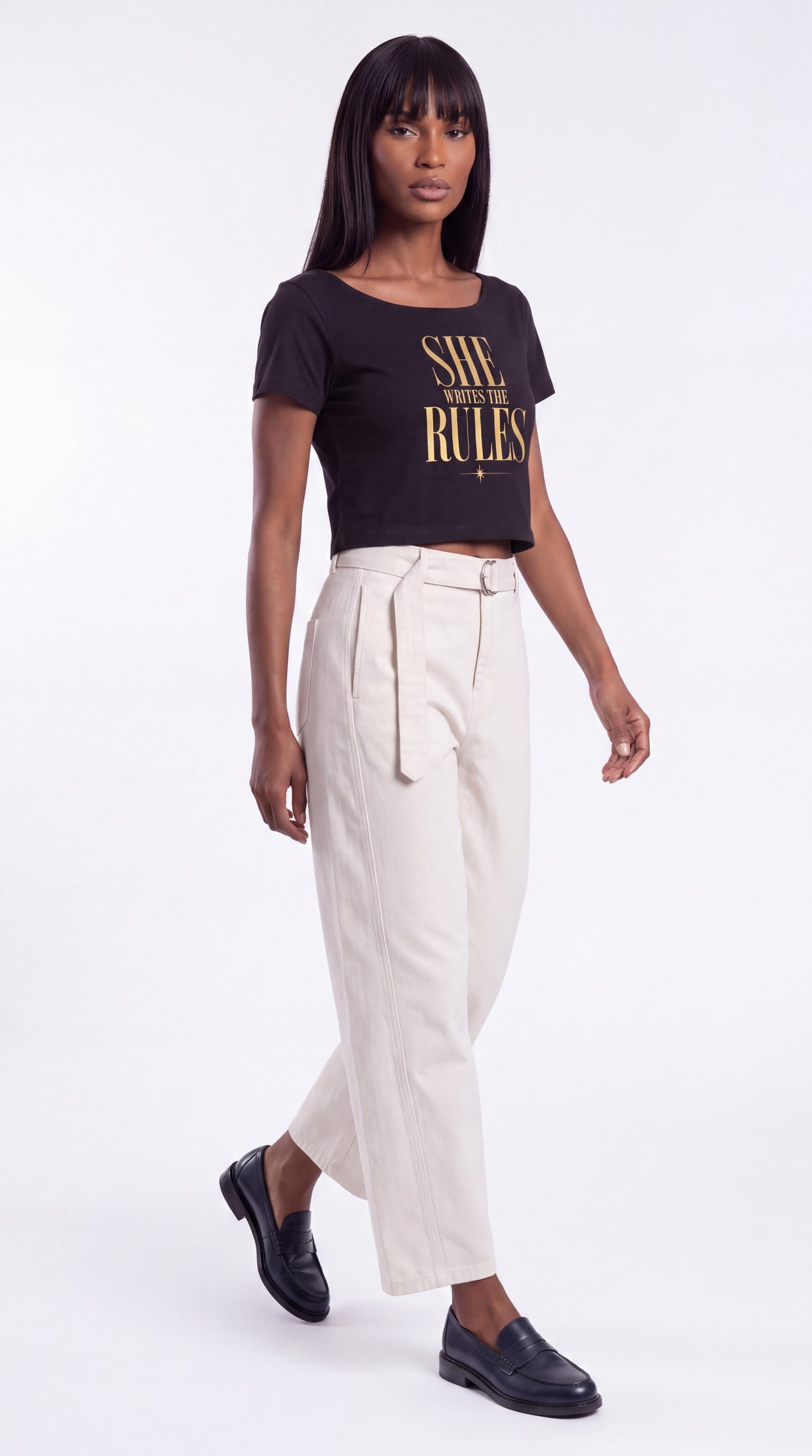 Off-Shoulder Rolled Hem 100% Cotton Crop Tee | SHE WRITES THE RULES