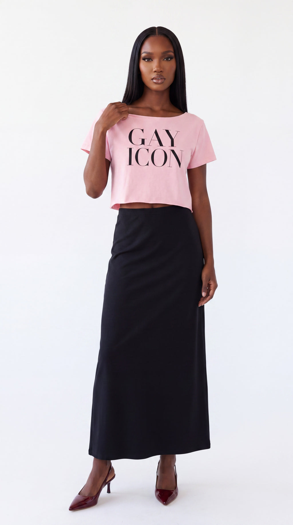 Off-Shoulder Rolled Hem 100 % Cotton Tee Black Logo