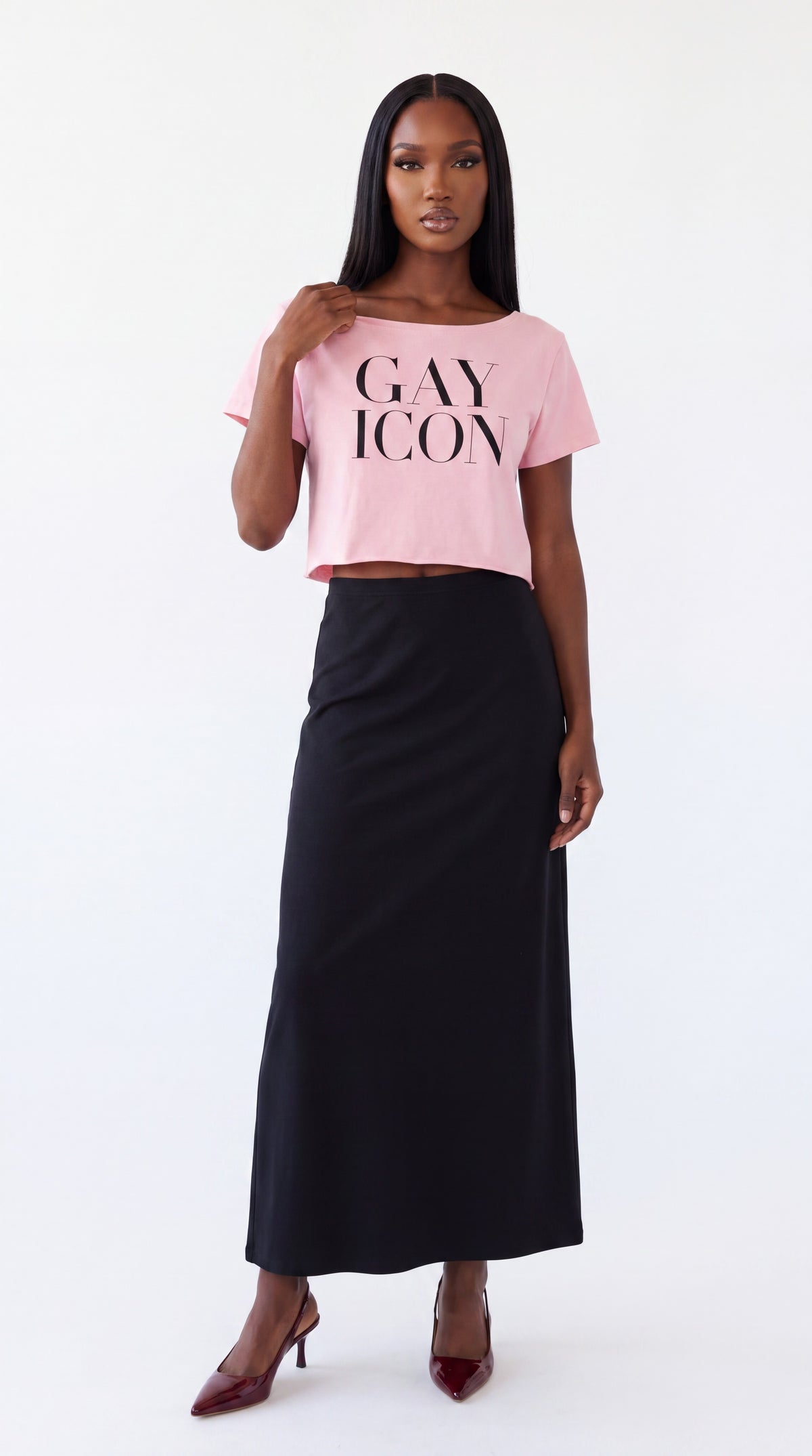 Off-Shoulder Rolled Hem 100 % Cotton Tee Black Logo