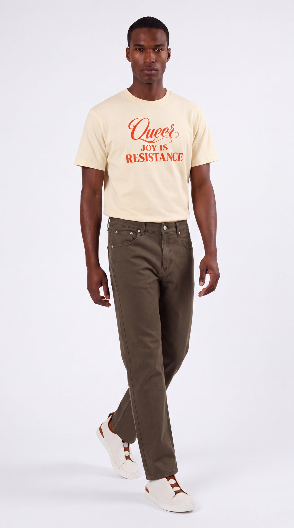 Unisex Seamless 100% Cotton Tee | QUEER JOY IS RESISTANCE Red Logo