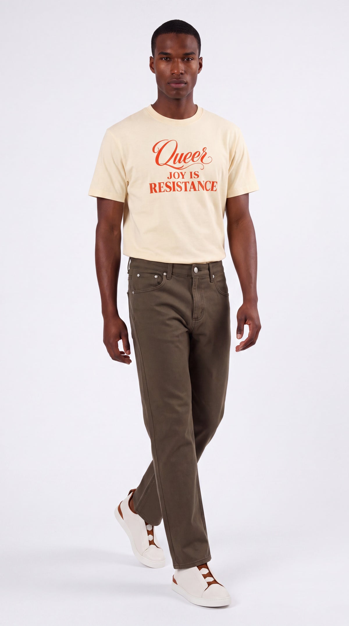 Unisex Seamless 100% Cotton Tee | QUEER JOY IS RESISTANCE Red Logo