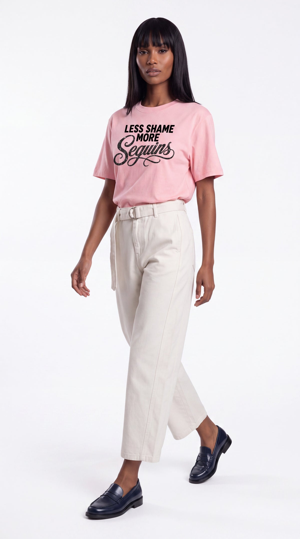 Unisex Seamless 100% Cotton Tee | LESS SHAME MORE SEQUINS Black Logo