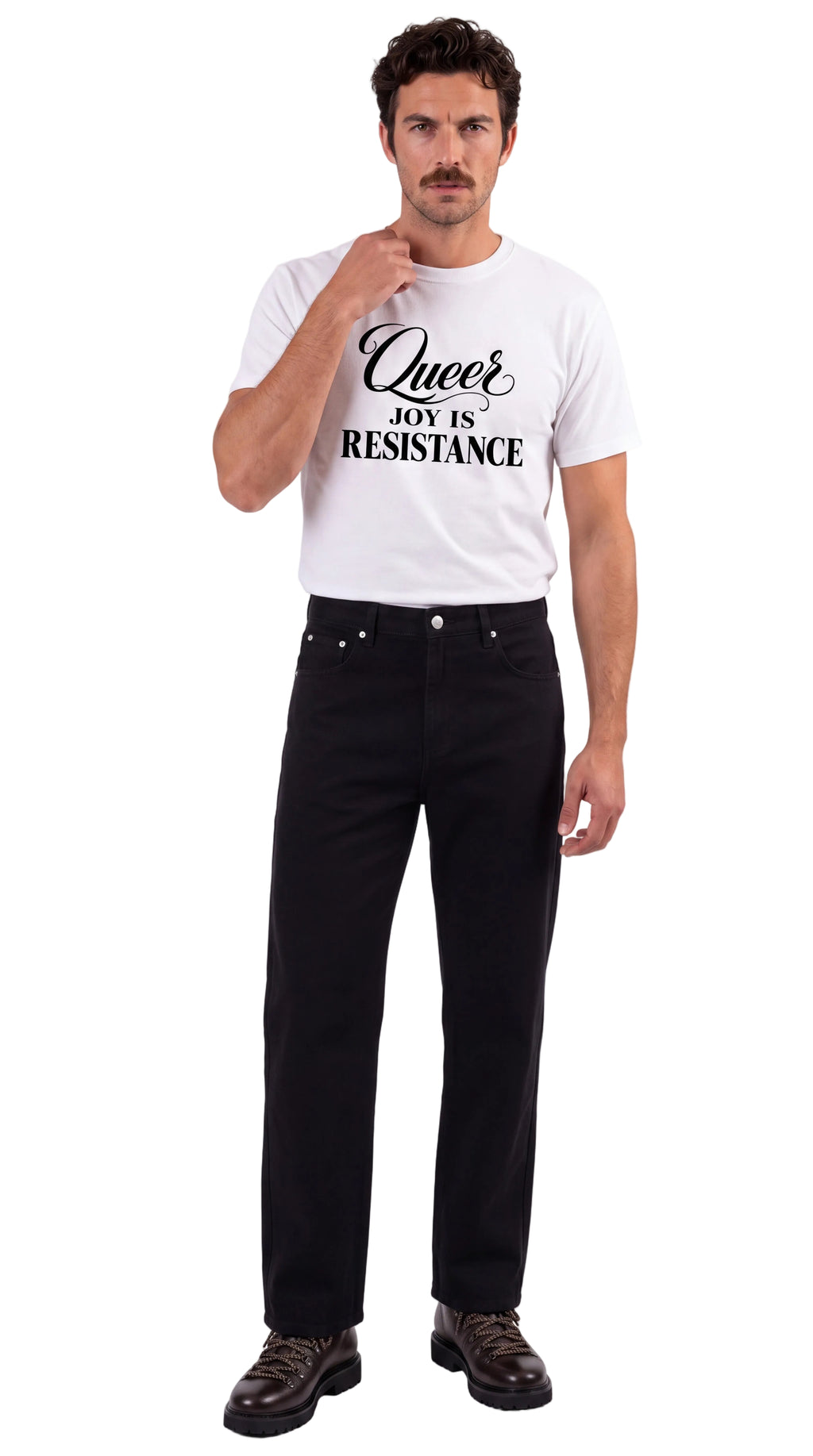 Unisex Seamless 100% Cotton Tee | QUEER JOY IS RESISTANCE Black Logo