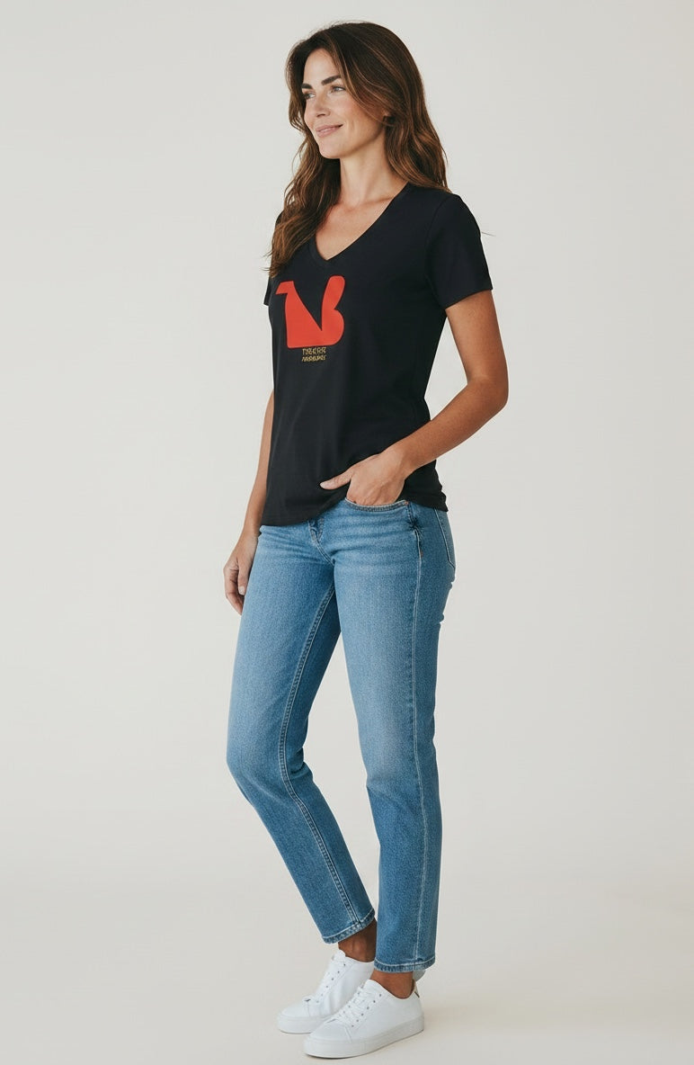 Women's V-Neck Tee | THEATRE NOIR BLANC | Red Logo