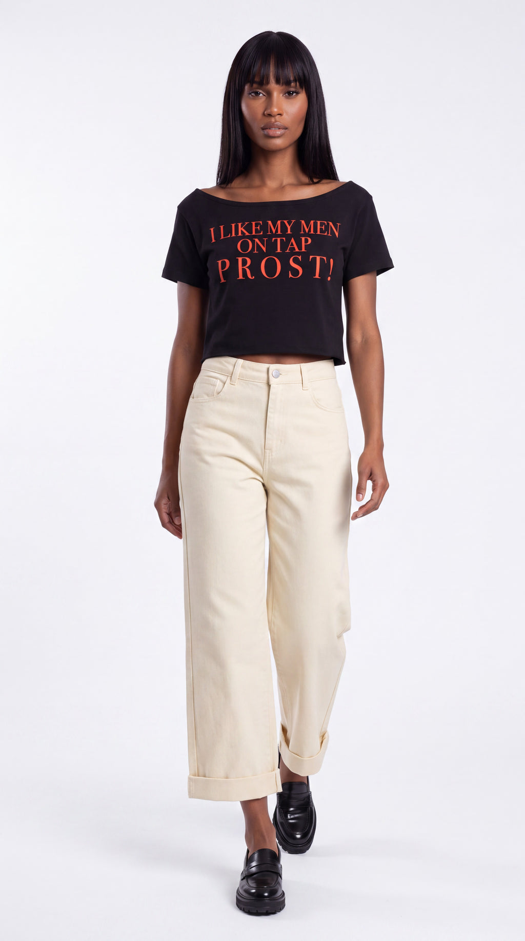 Off-Shoulder Rolled Hem 100% Cotton Crop Tee |I LIKE MY MEN ON TAP PROST!
