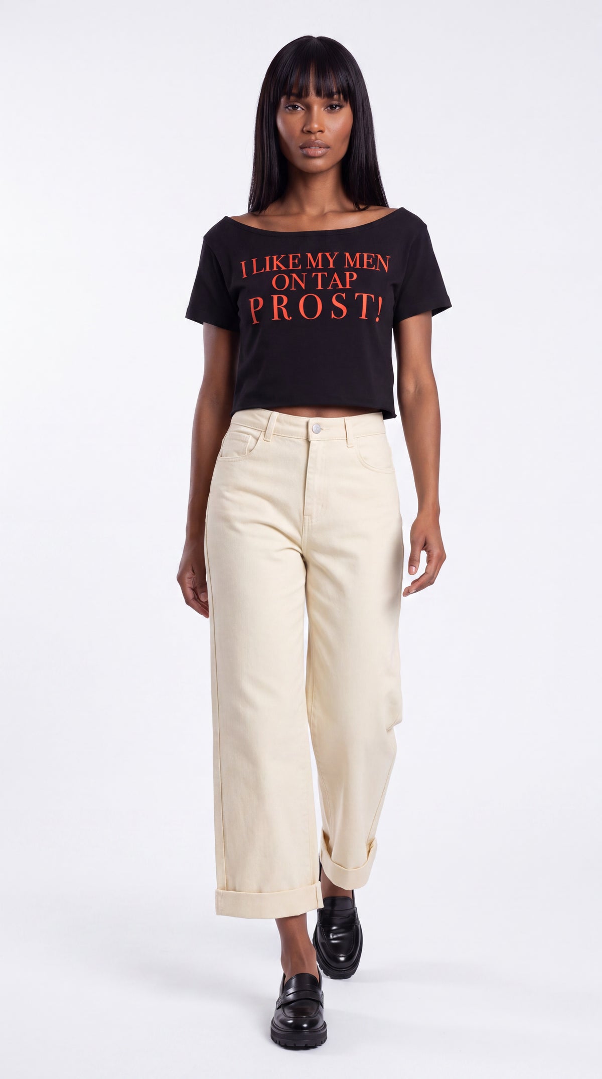 Off-Shoulder Rolled Hem 100% Cotton Crop Tee |I LIKE MY MEN ON TAP PROST!