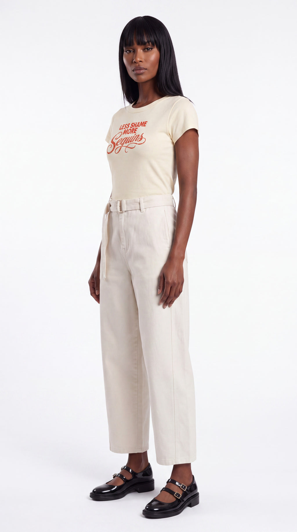Women's Cropped Crewneck Tee | LESS SHAME MORE SEQUINS Red Logo
