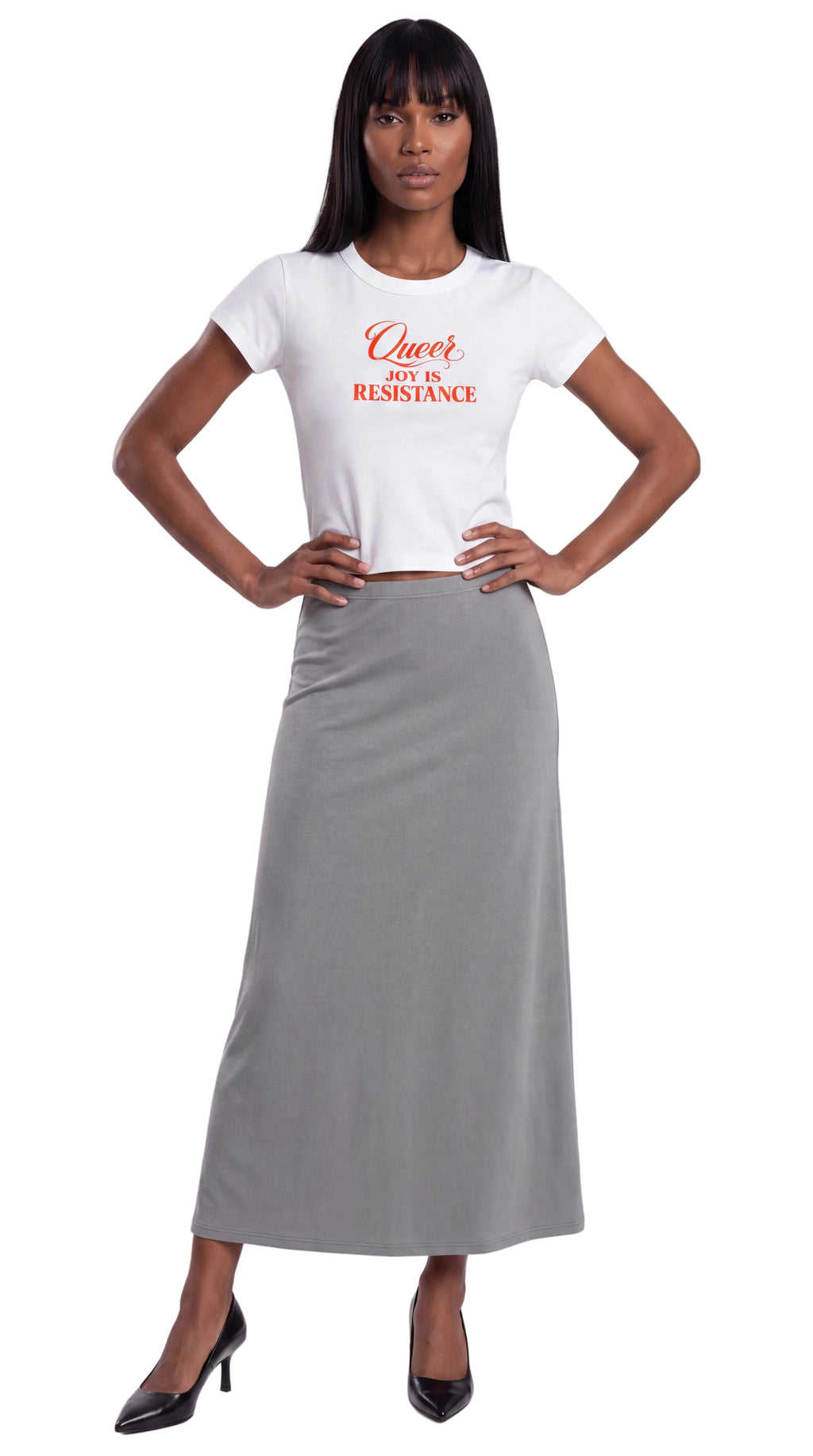 Women's Cropped Crewneck Tee | QUEER JOY IS RESISTANCE Red Logo