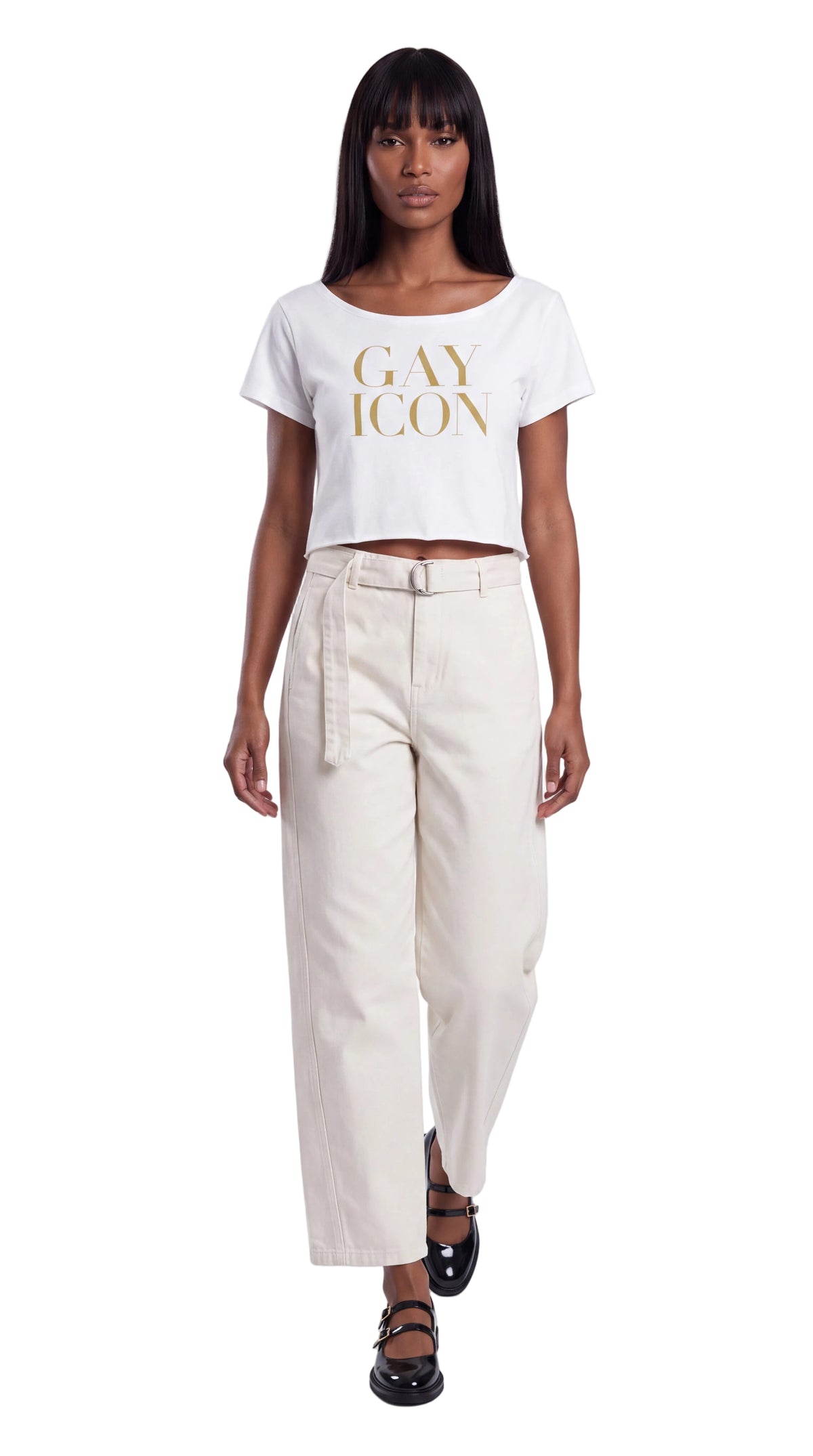Off-Shoulder Rolled Hem 100% Cotton Tee Gold Logo