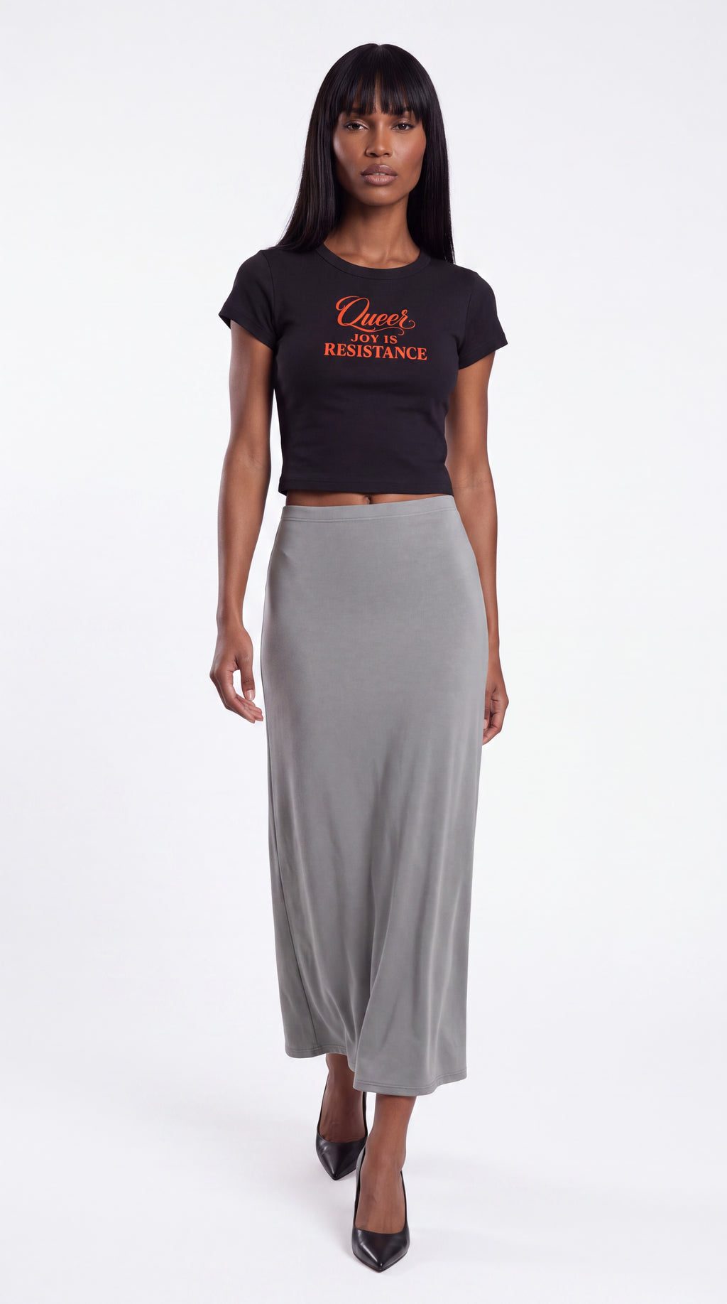 Women's Cropped Crewneck Tee | QUEER JOY IS RESISTANCE Red Logo