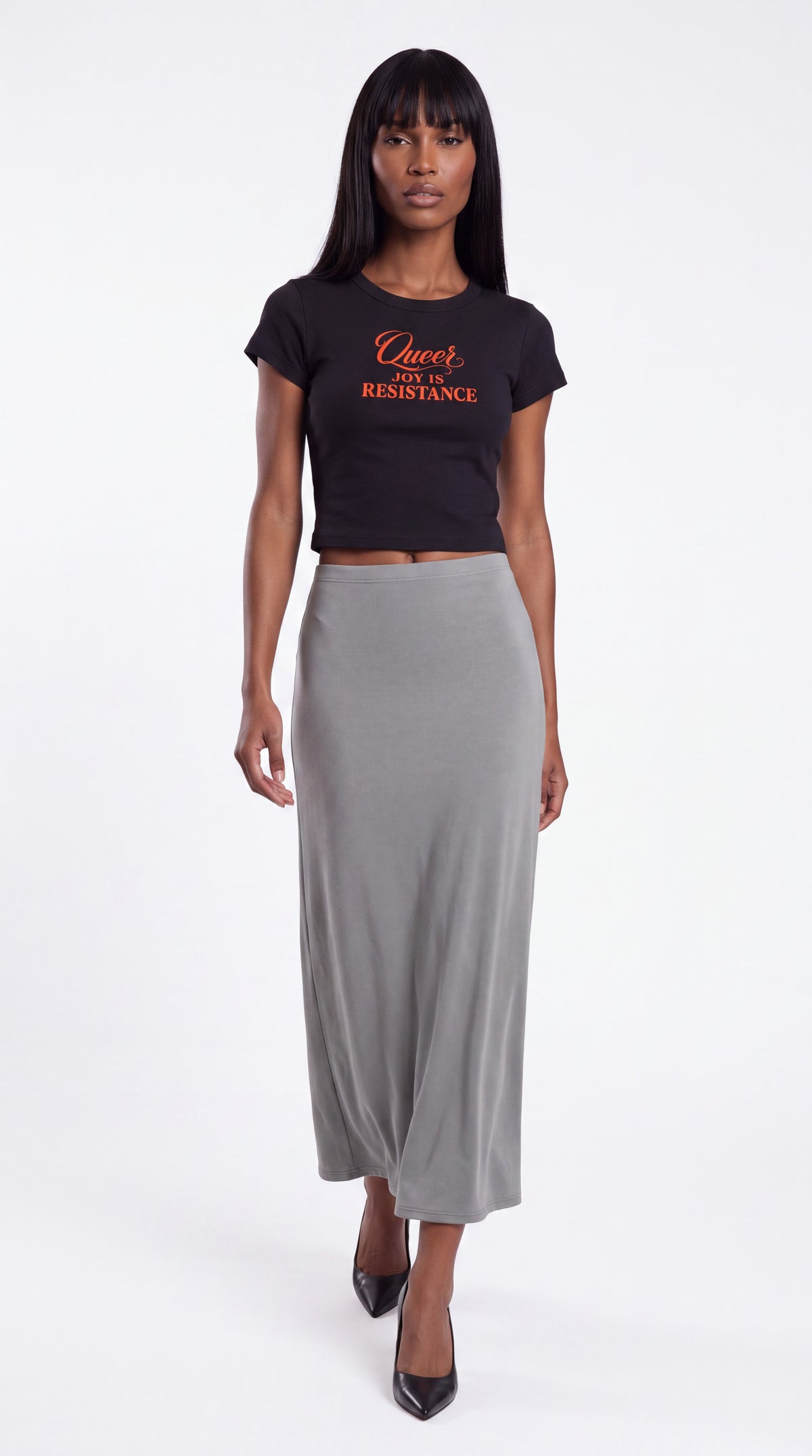 Women's Cropped Crewneck Tee | QUEER JOY IS RESISTANCE Red Logo