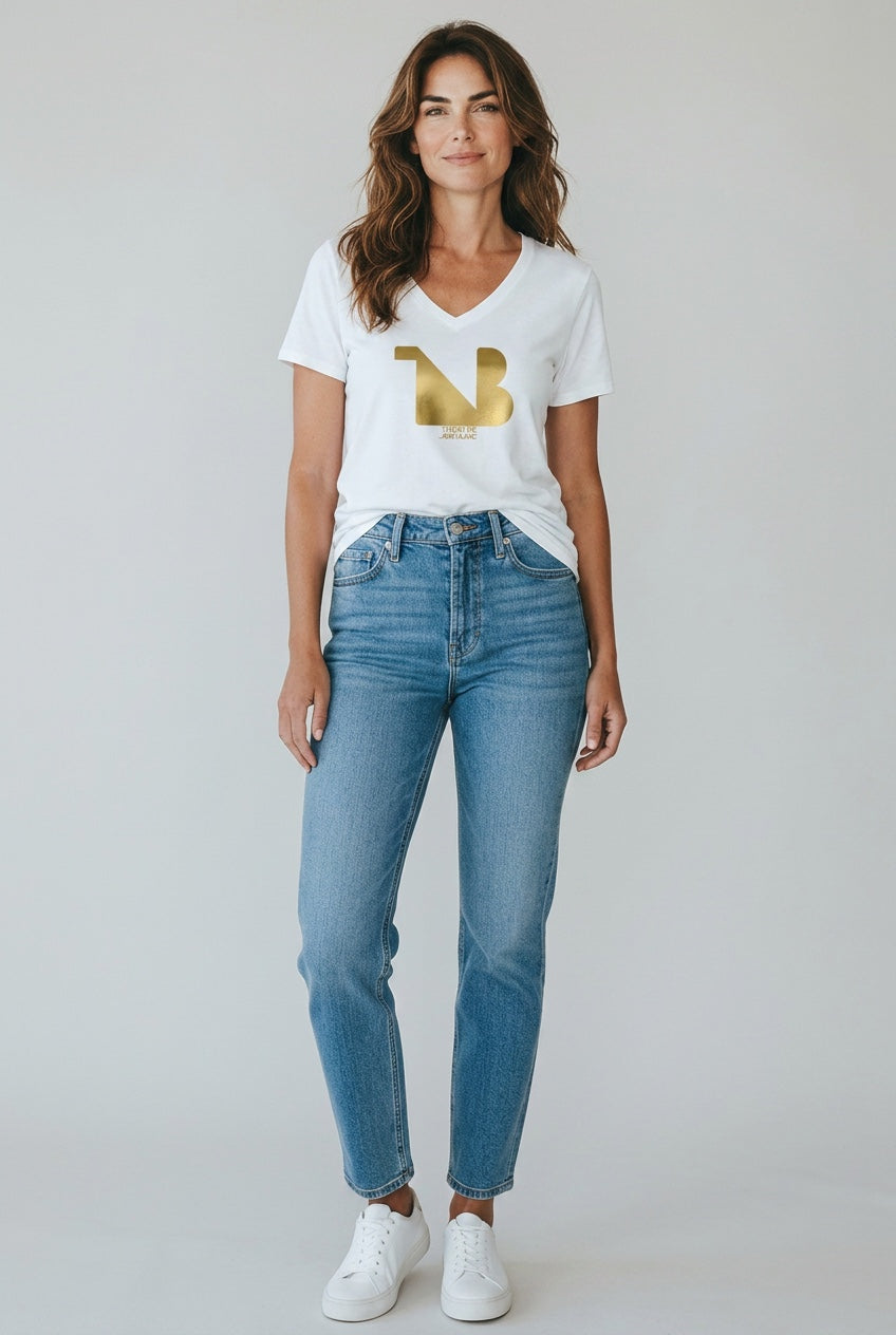 Women's V-Neck Tee | THEATRE NOIR BLANC | Gold Logo