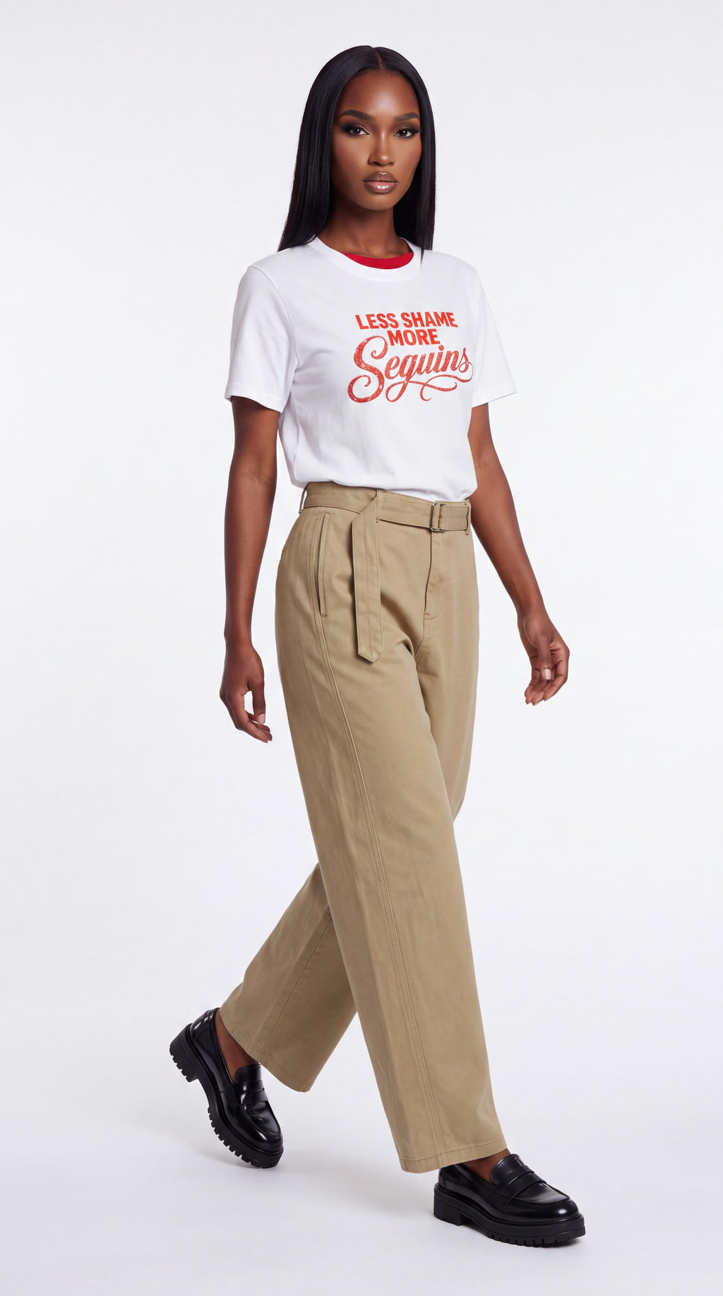 Unisex Seamless 100% Cotton Tee | LESS SHAME MORE SEQUINS Red Logo