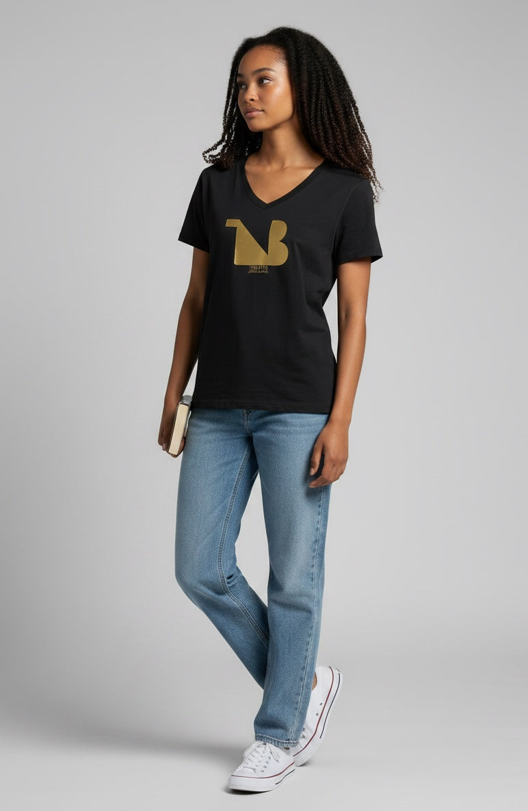 Women's V-Neck Tee | THEATRE NOIR BLANC | Gold Logo