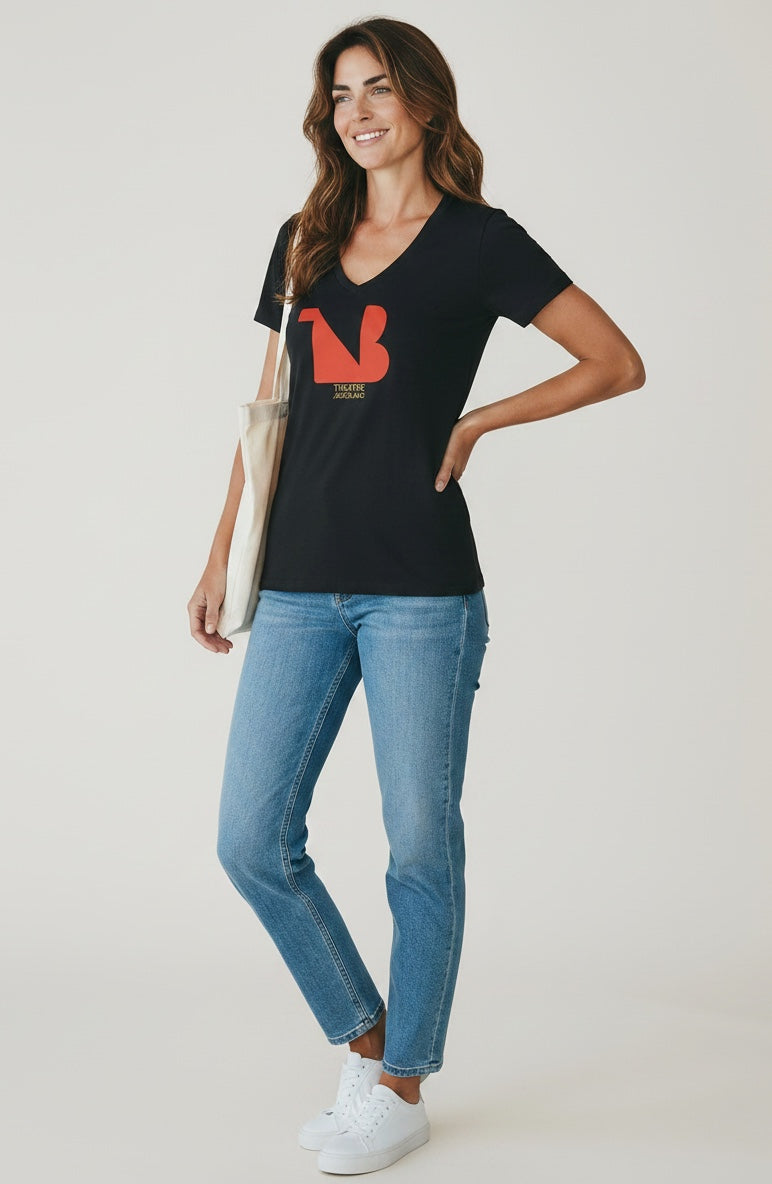 Women's V-Neck Tee | THEATRE NOIR BLANC | Red Logo