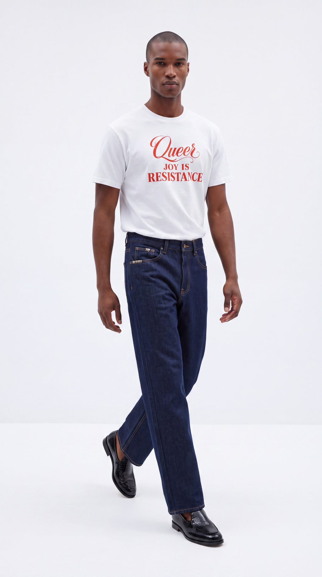 Unisex Seamless 100% Cotton Tee | QUEER JOY IS RESISTANCE Red Logo