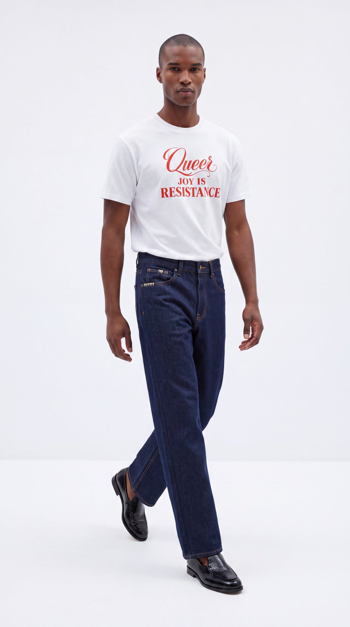 Unisex Seamless 100% Cotton Tee | QUEER JOY IS RESISTANCE Red Logo