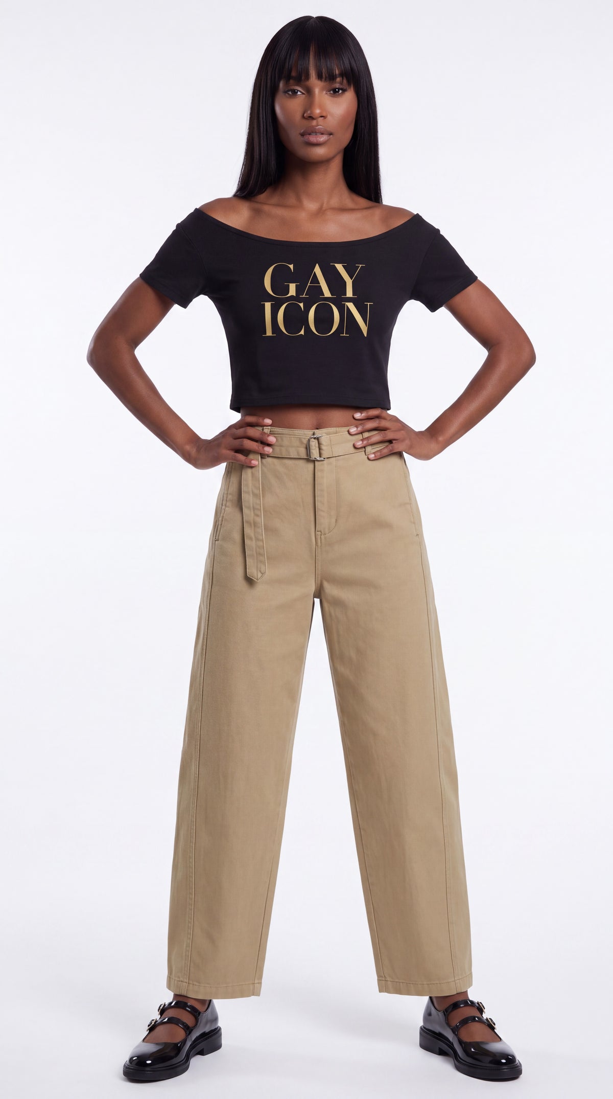 Off-Shoulder Rolled Hem 100% Cotton Tee Gold Logo