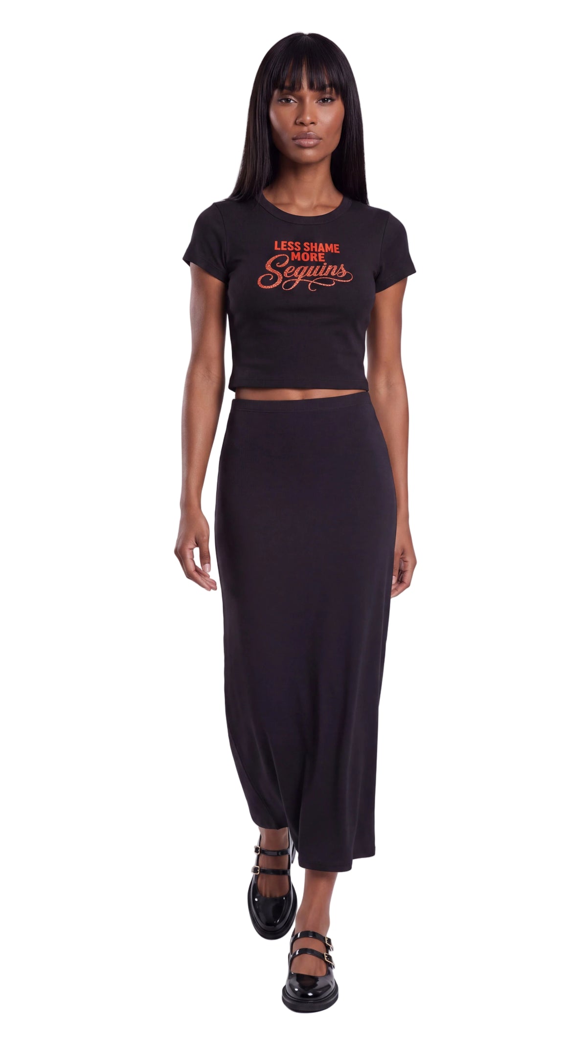 Women's Cropped Crewneck Tee | LESS SHAME MORE SEQUINS Red Logo