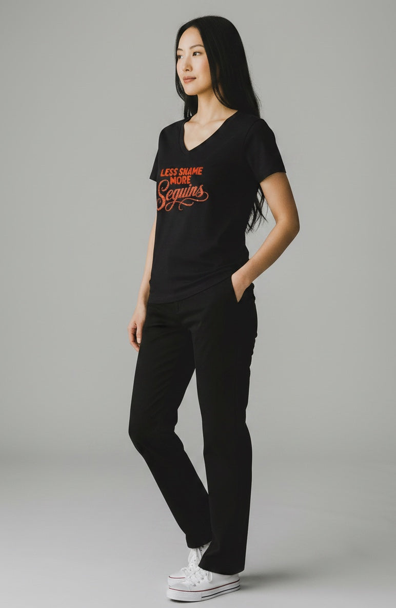 Damen V-Neck Tee | WENIGER SCHAM MEHR PAILLETTEN | CONVERSATION COLLECTION