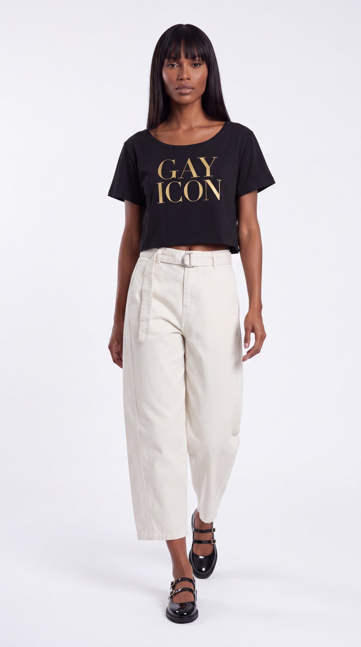 Off-Shoulder Rolled Hem 100% Cotton Tee Gold Logo