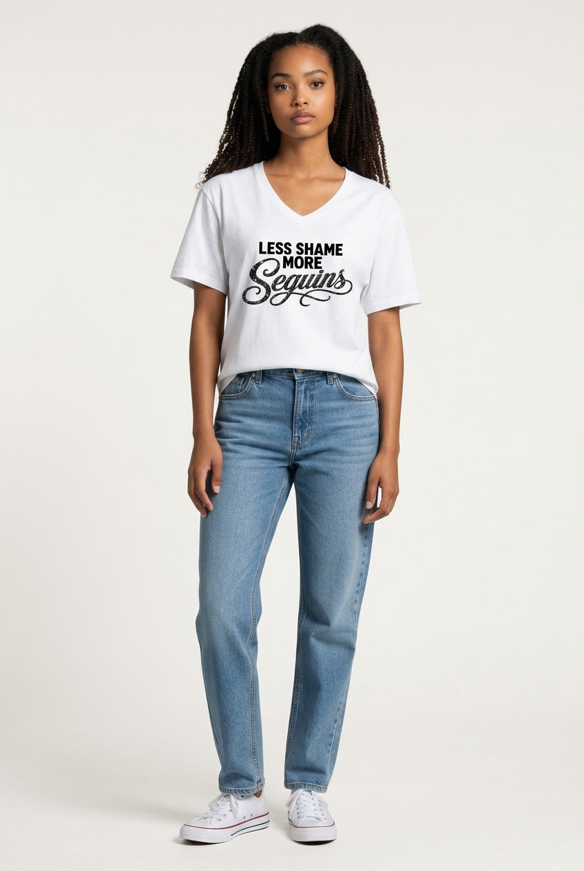 Women's V-Neck Tee | LESS SHAME MORE SEQUIN | CONVERSATION COLLECTION