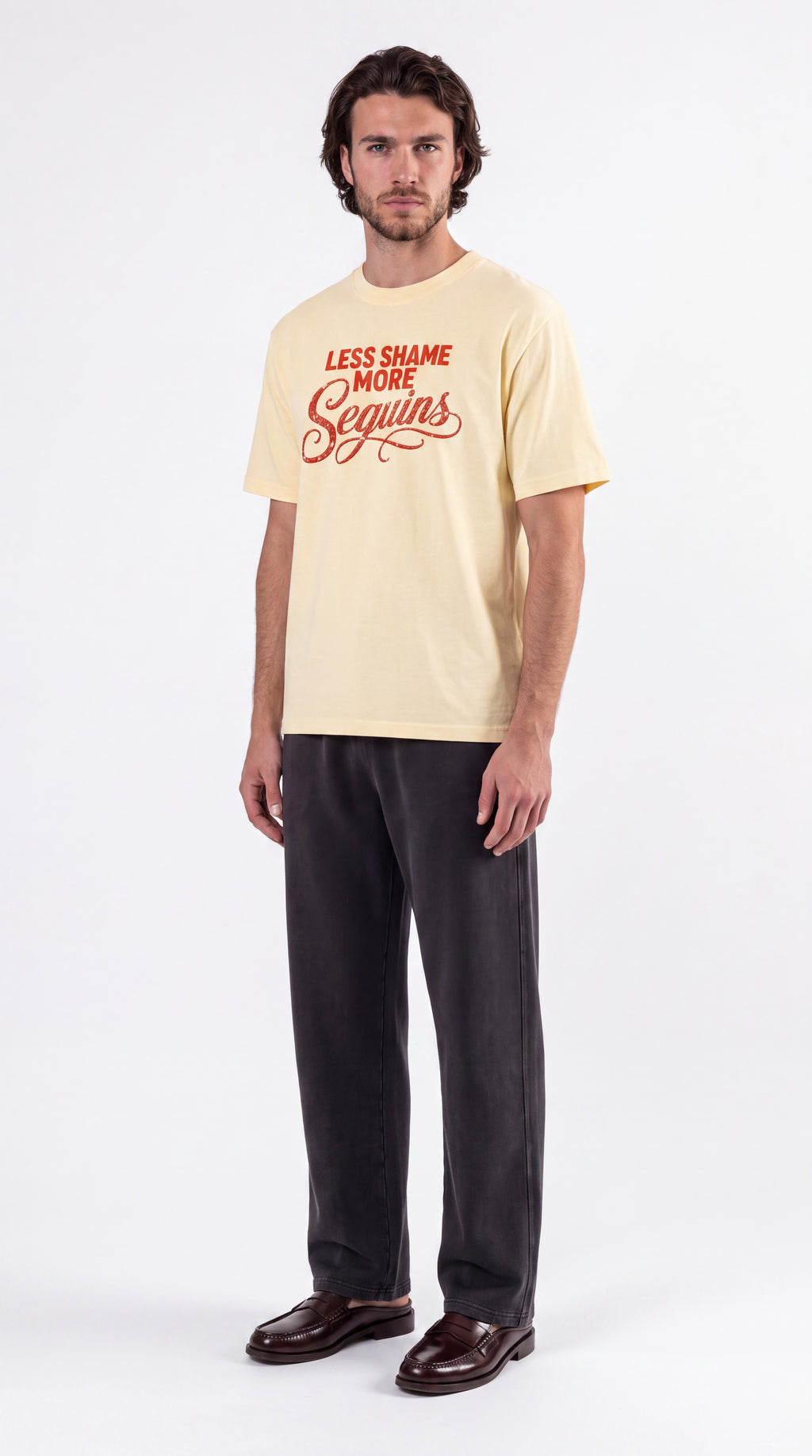Unisex Seamless 100% Cotton Tee | LESS SHAME MORE SEQUINS Red Logo