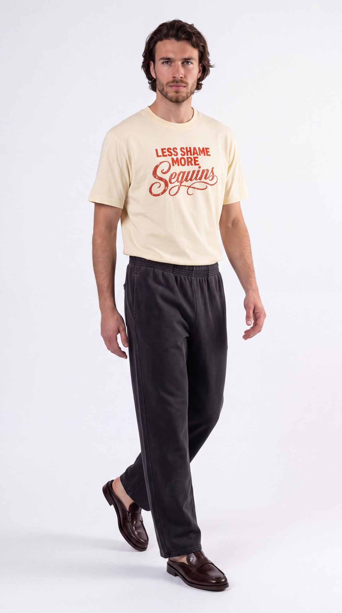Unisex Seamless 100% Cotton Tee | LESS SHAME MORE SEQUINS Red Logo