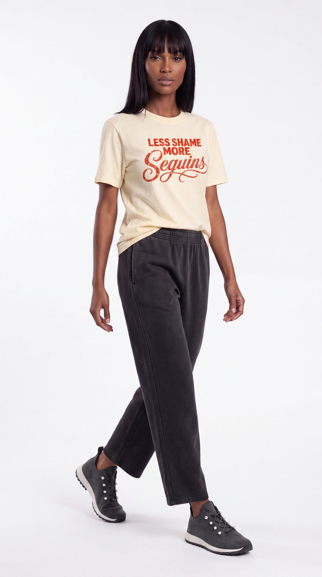 Unisex Seamless 100% Cotton Tee | LESS SHAME MORE SEQUINS Red Logo