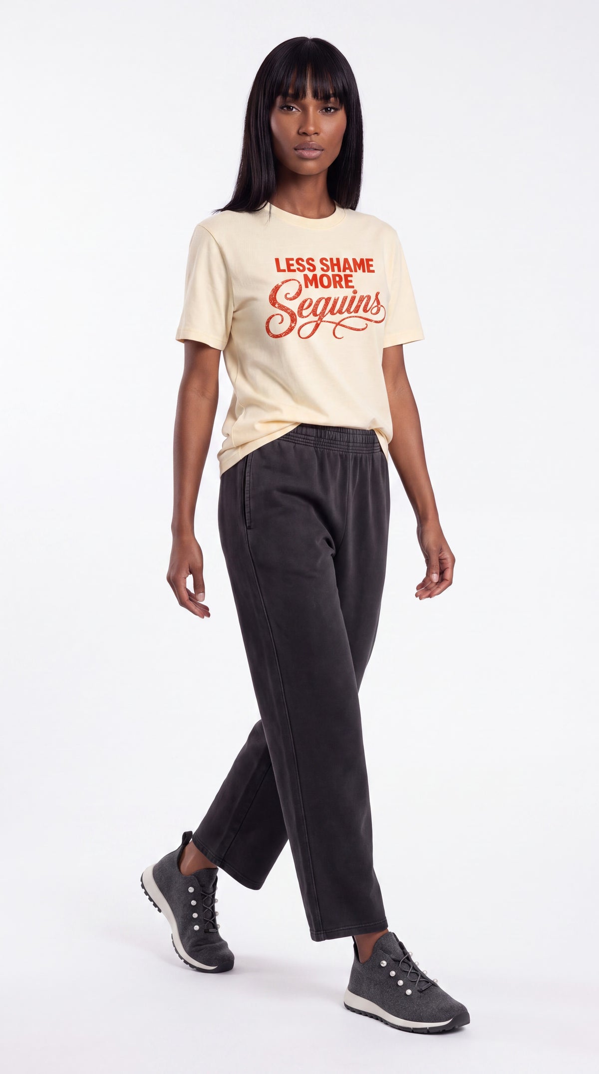 Unisex Seamless 100% Cotton Tee | LESS SHAME MORE SEQUINS Red Logo