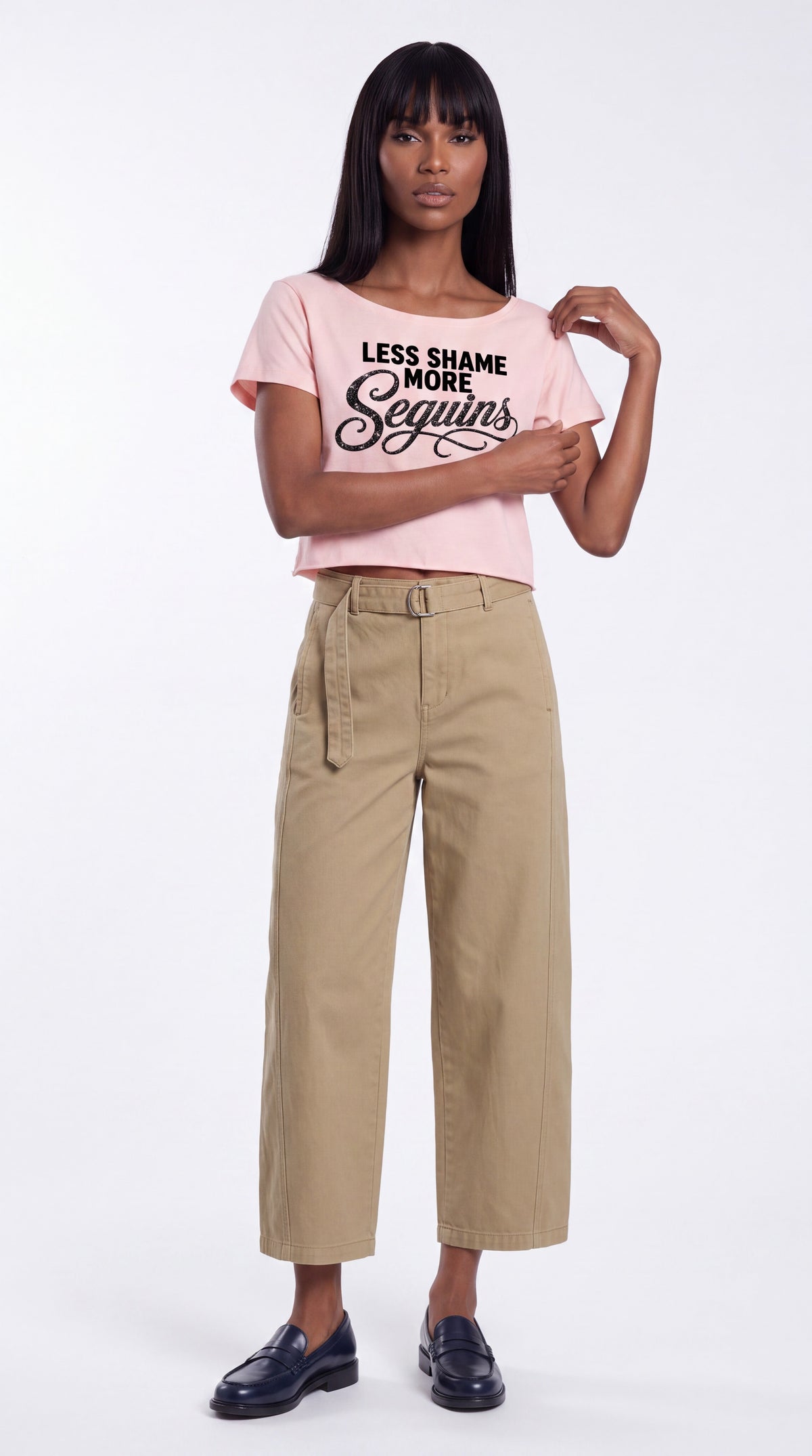 Off-Shoulder Rolled Hem 100% Cotton Crop Tee | LESS SHAME MORE SEQUINS Black Logo