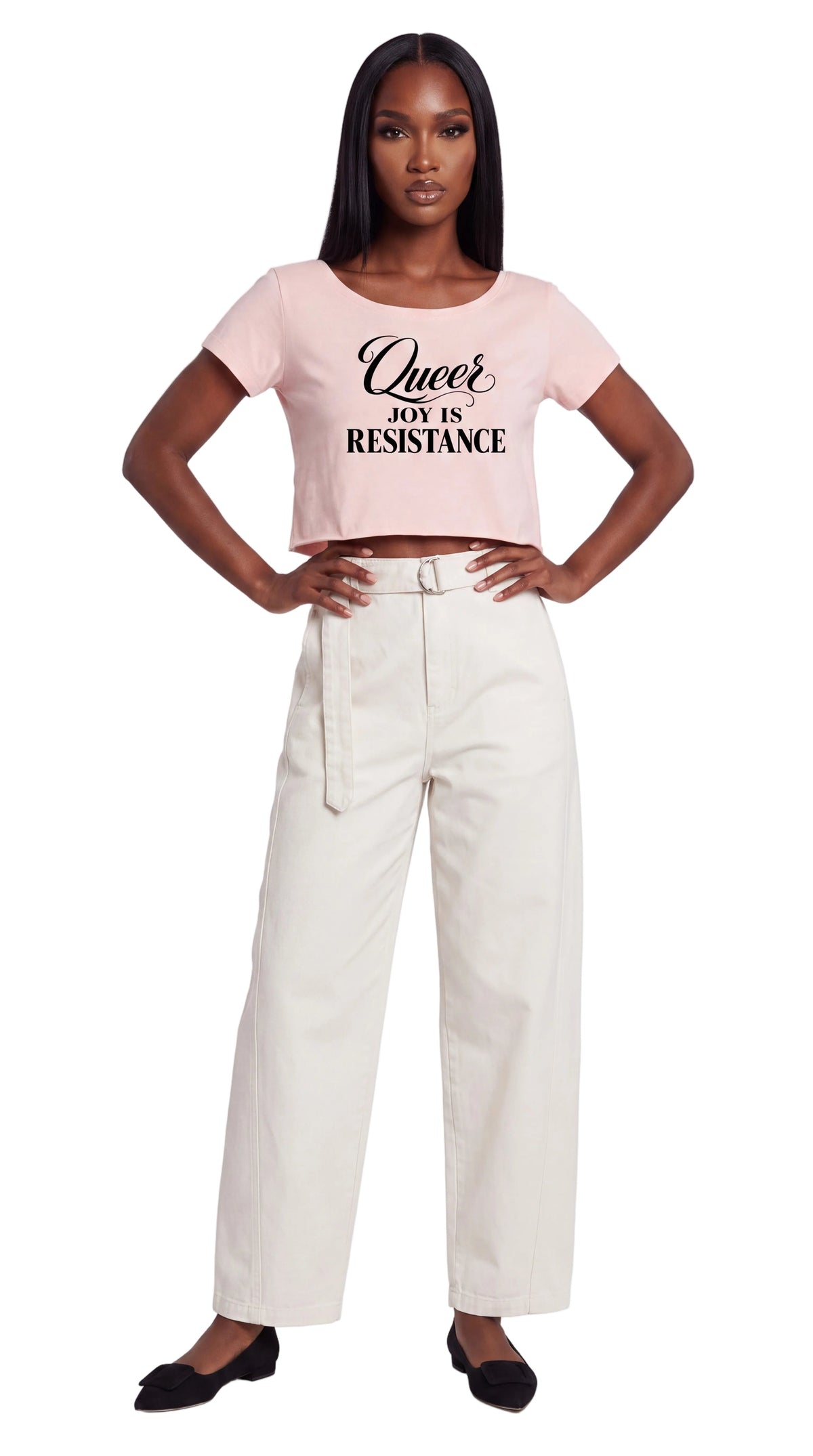 Off-Shoulder Rolled Hem 100% Cotton Crop Tee | QUEER JOY IS RESISTANCE Black Logo
