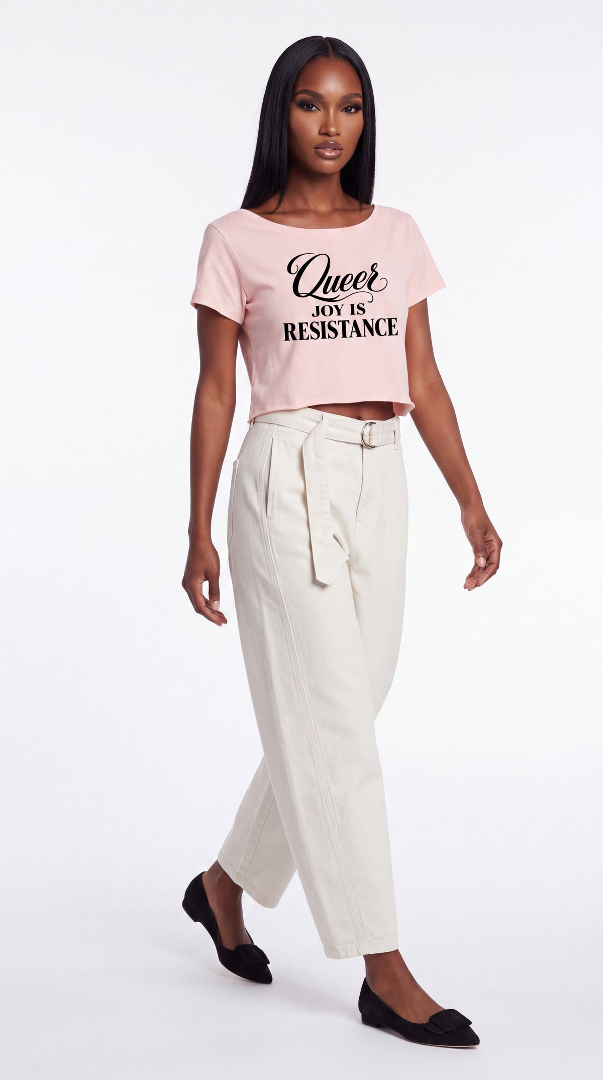 Off-Shoulder Rolled Hem 100% Cotton Crop Tee | QUEER JOY IS RESISTANCE Black Logo
