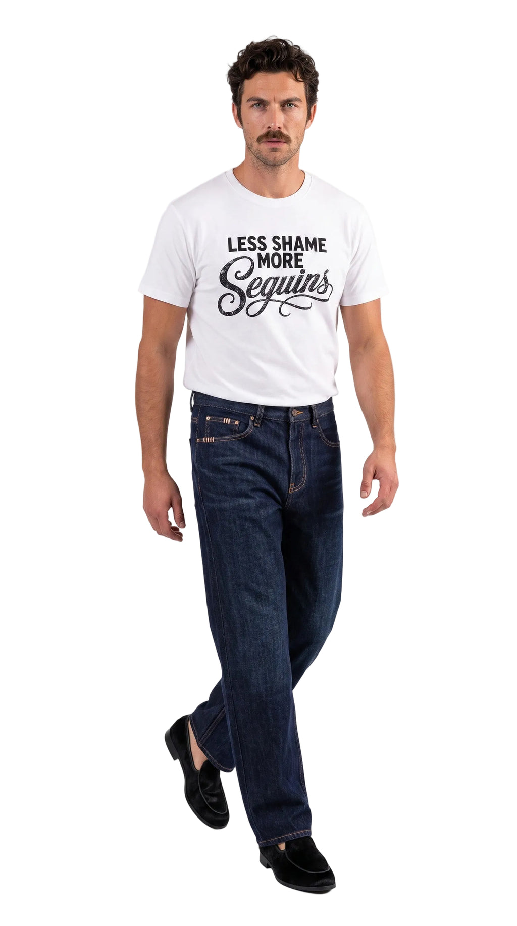 Unisex Seamless 100% Cotton Tee | LESS SHAME MORE SEQUINS Black Logo