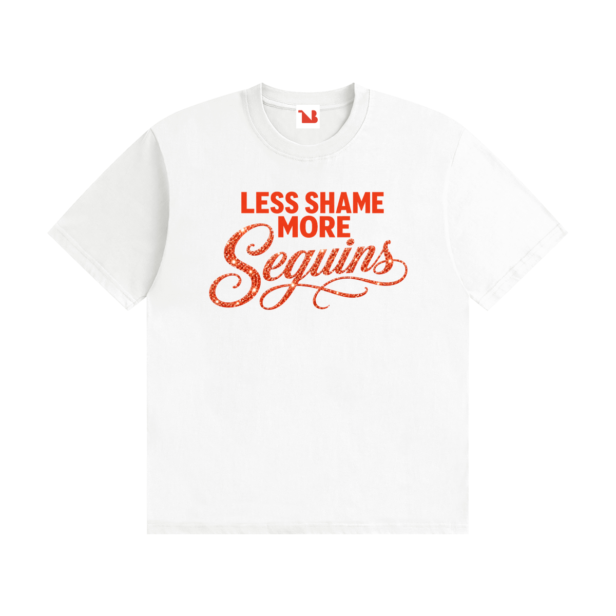 Unisex Seamless 100% Cotton Tee | LESS SHAME MORE SEQUINS Red Logo