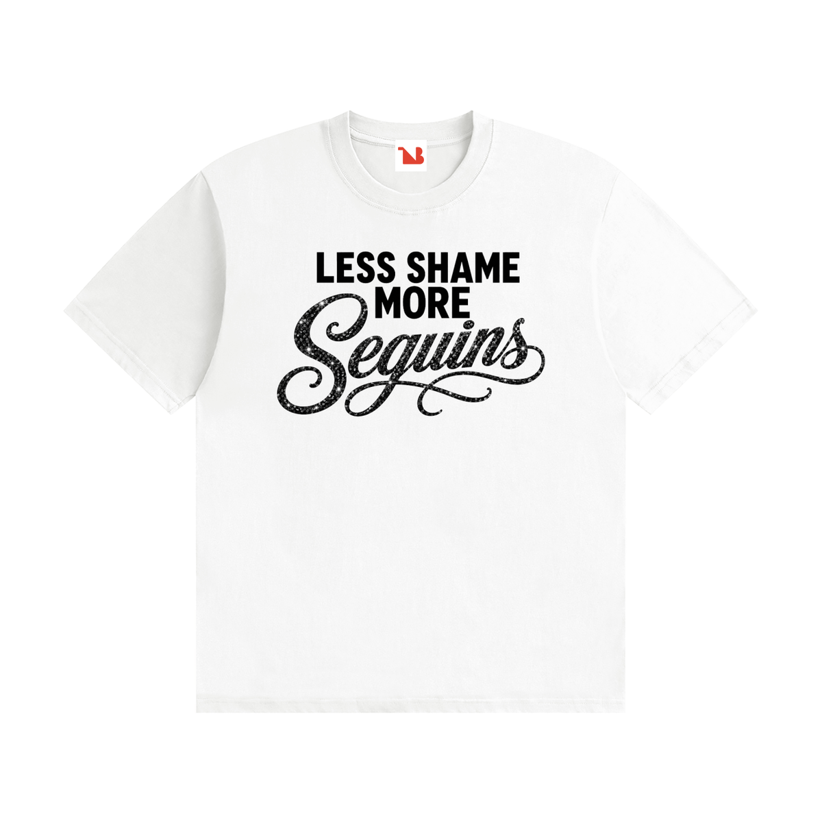 Unisex Seamless 100% Cotton Tee | LESS SHAME MORE SEQUINS Black Logo
