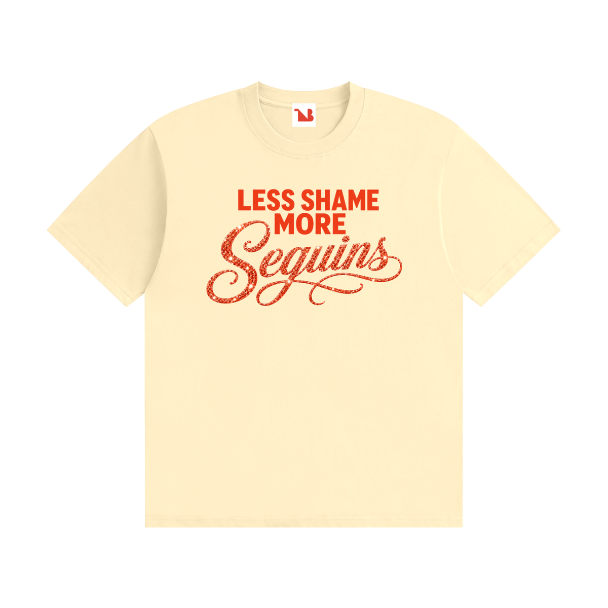 Unisex Seamless 100% Cotton Tee | LESS SHAME MORE SEQUINS Red Logo