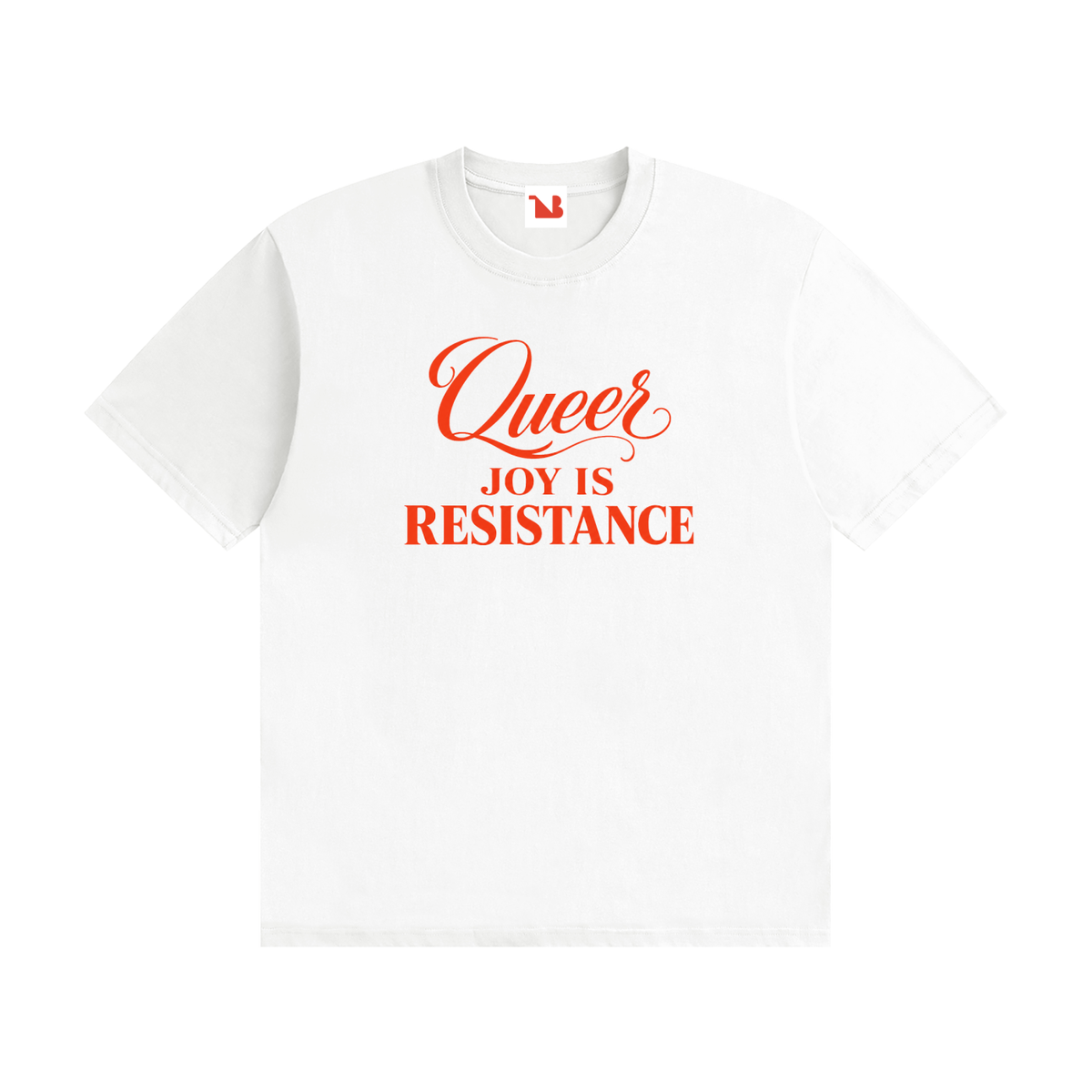 Unisex Seamless 100% Cotton Tee | QUEER JOY IS RESISTANCE Red Logo