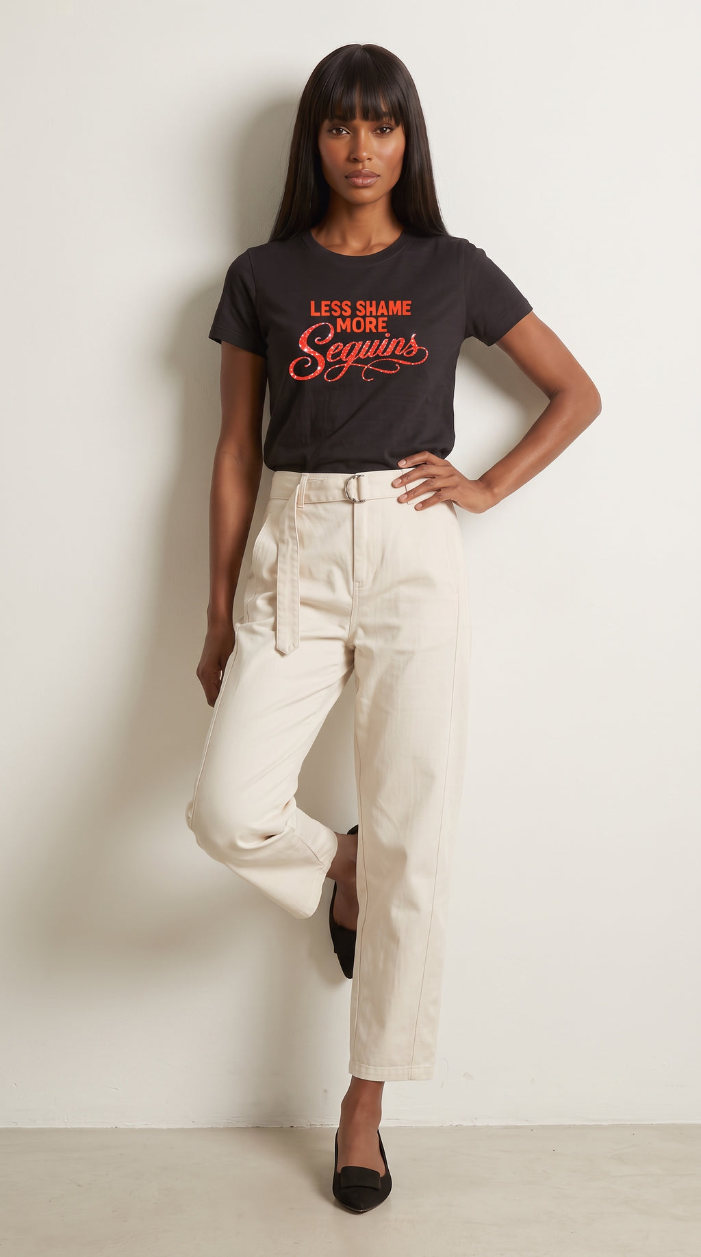 Women's Slim Fit Crewneck T-Shirt | LESS SHAME MORE SEQUINS