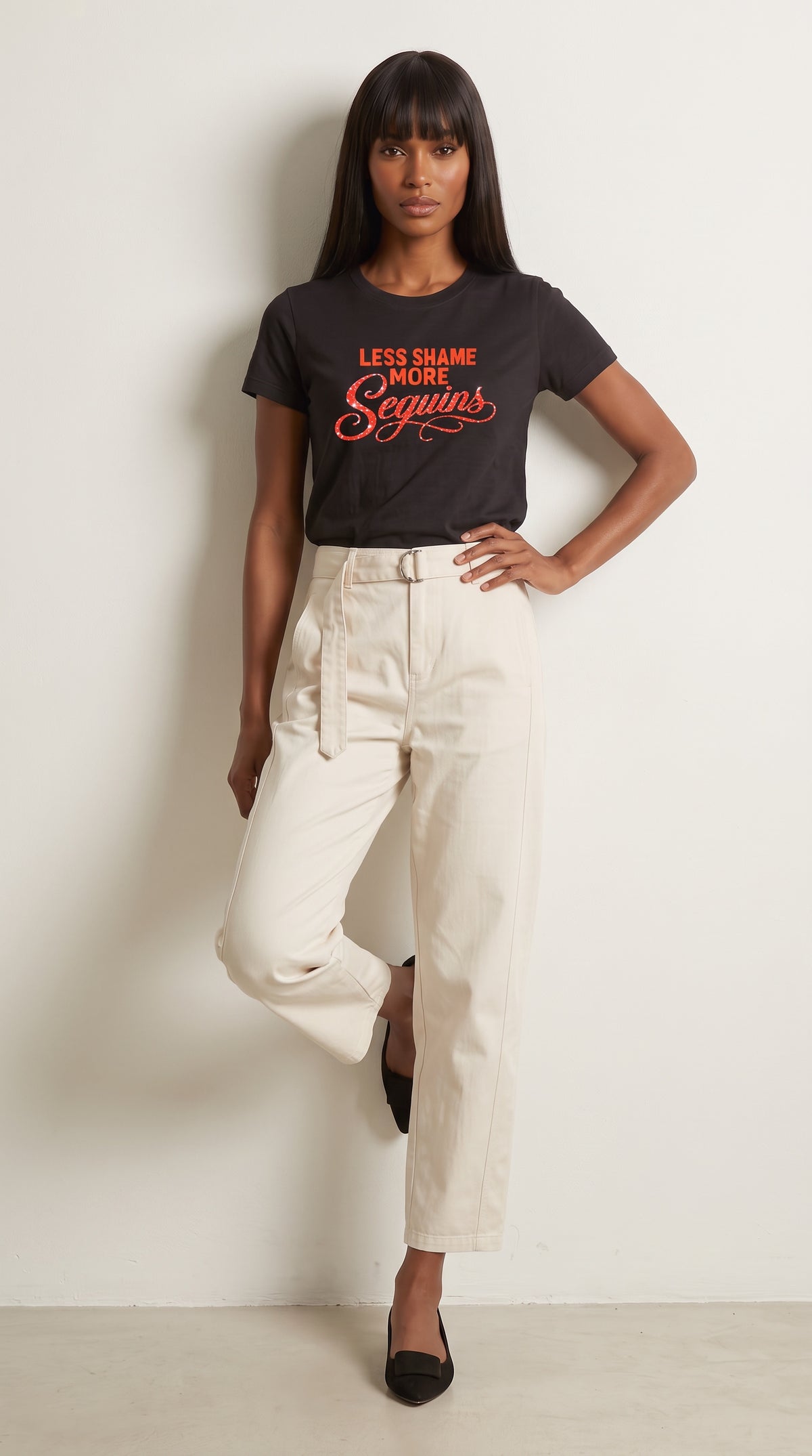Women's Slim Fit Crewneck T-Shirt | LESS SHAME MORE SEQUINS
