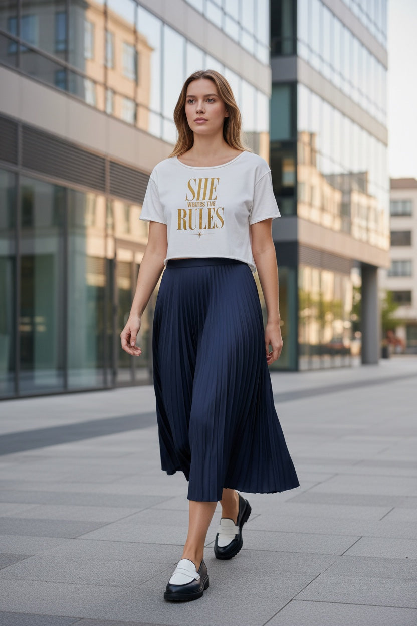 Off-Shoulder Rolled Hem Crewneck Tee| SHE WRITES THE RULES| CONVERSATION COLLECTION
